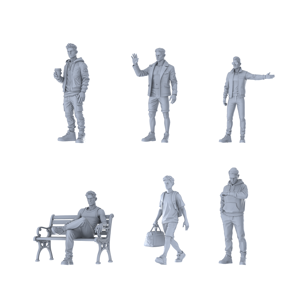 MRY-SFW LYTR607 Modern Urban Casual Style Youth Male Multi-Pose Six-Person Set Miniature Car Diorama Figures Scene Props Accessories Resin 3D Printed Resin Model Kit by SSMODEL