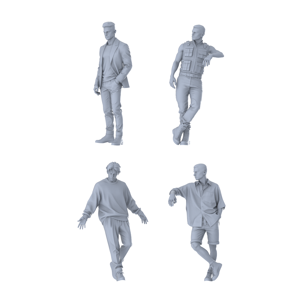 MRY-SFW LYTR617 Modern Multi-Style Youth Male Multi-Pose Four-Person Set Miniature Car Diorama Figures Scene Props Accessories Resin 3D Printed Resin Model Kit by SSMODEL