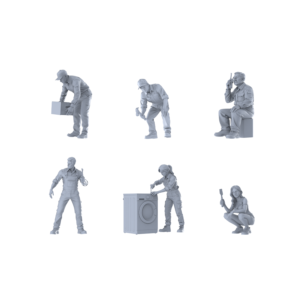 MRY-SFW LYTR580 Modern Maintenance Service Workers Pose Group of 6 Miniature Car Diorama Figures Scene Props Accessories Resin 3D Printed Resin Model Kit by SSMODEL
