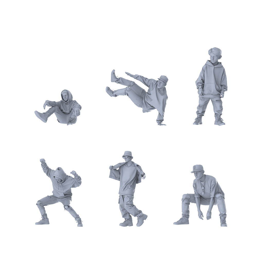 MRY-SFW LYTR603 Modern Street Style Diverse Hip-Hop Pose Six-Person Set Miniature Car Diorama Figures Scene Props Accessories Resin 3D Printed Resin Model Kit by SSMODEL