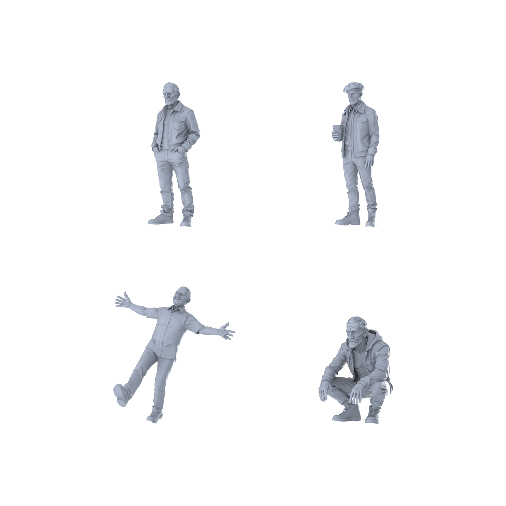 MRY-SFW LYTR604 Modern Casual Lifestyle Style Elderly Male Multi-Pose Four-Person Set Miniature Car Diorama Figures Scene Props Accessories Resin 3D Printed Resin Model Kit by SSMODEL
