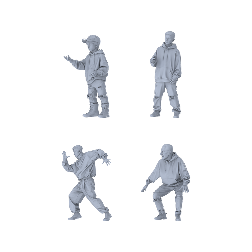 MRY-SFW LYTR624 Modern Street Trend Style Multi-Age Character Multi-Pose Four-Person Set Miniature Car Diorama Figures Scene Props Accessories Resin 3D Printed Resin Model Kit by SSMODEL