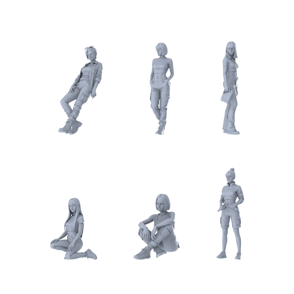 MRY-SFW LYTR592 Modern Cool Utility-Style Women Pose Group of 6 Miniature Car Diorama Figures Scene Props Accessories Resin 3D Printed Resin Model Kit by SSMODEL