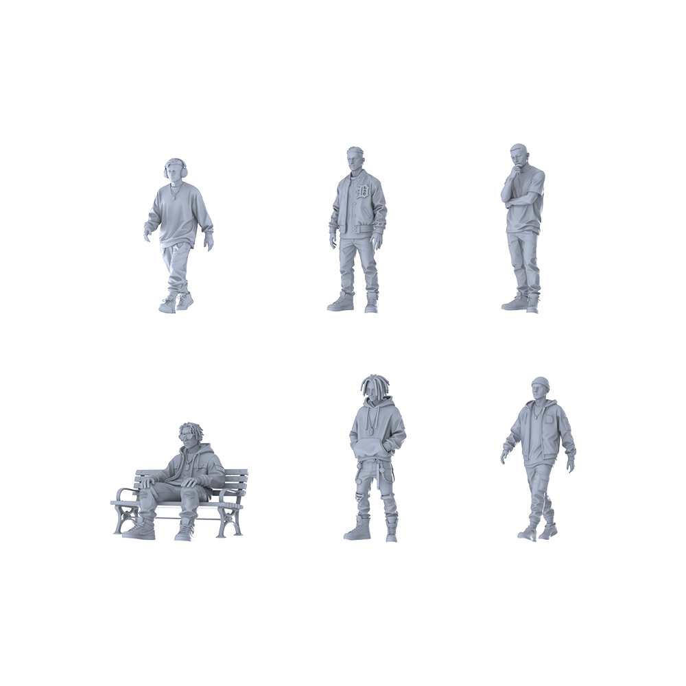 MRY-SFW LYTR605 Modern Street Style Youth Male Multi-Pose Six-Person Set Miniature Car Diorama Figures Scene Props Accessories Resin 3D Printed Resin Model Kit by SSMODEL