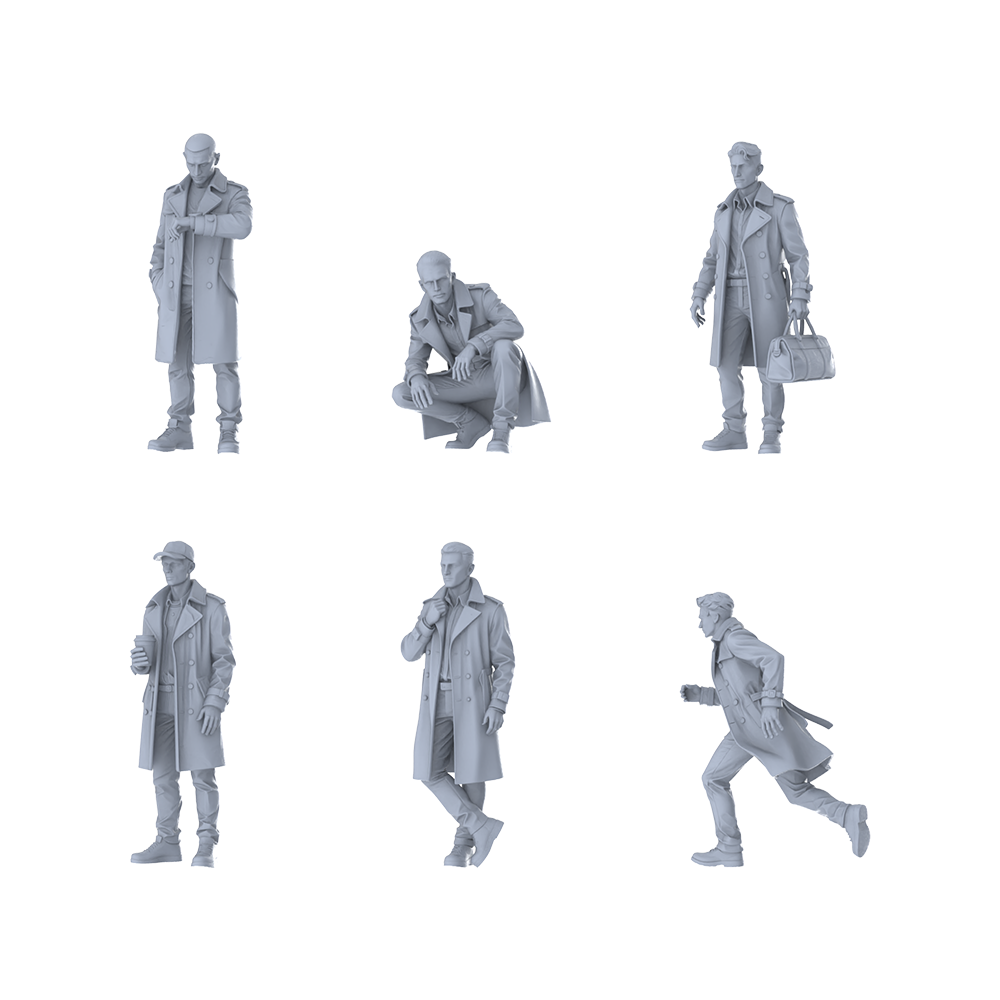 Detail view of MRY-SFW LYTR608 Modern Urban Trench Coat Style Youth Male Multi-Pose Six-Person Set Miniature Car Diorama Figures Scene Props Accessories Resin Model