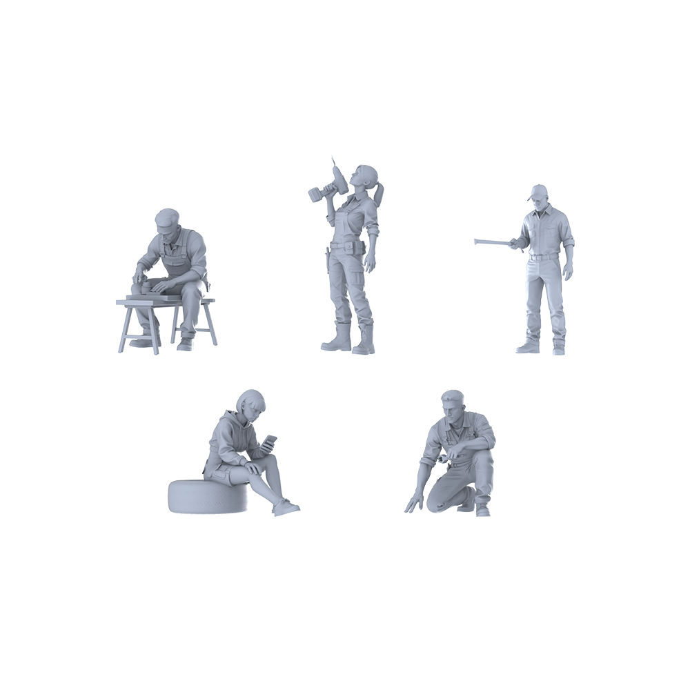 MRY-SFW LYTR593 Modern Handcraft Maintenance Workers Pose Group of 5 Miniature Car Diorama Figures Scene Props Accessories Resin 3D Printed Resin Model Kit by SSMODEL