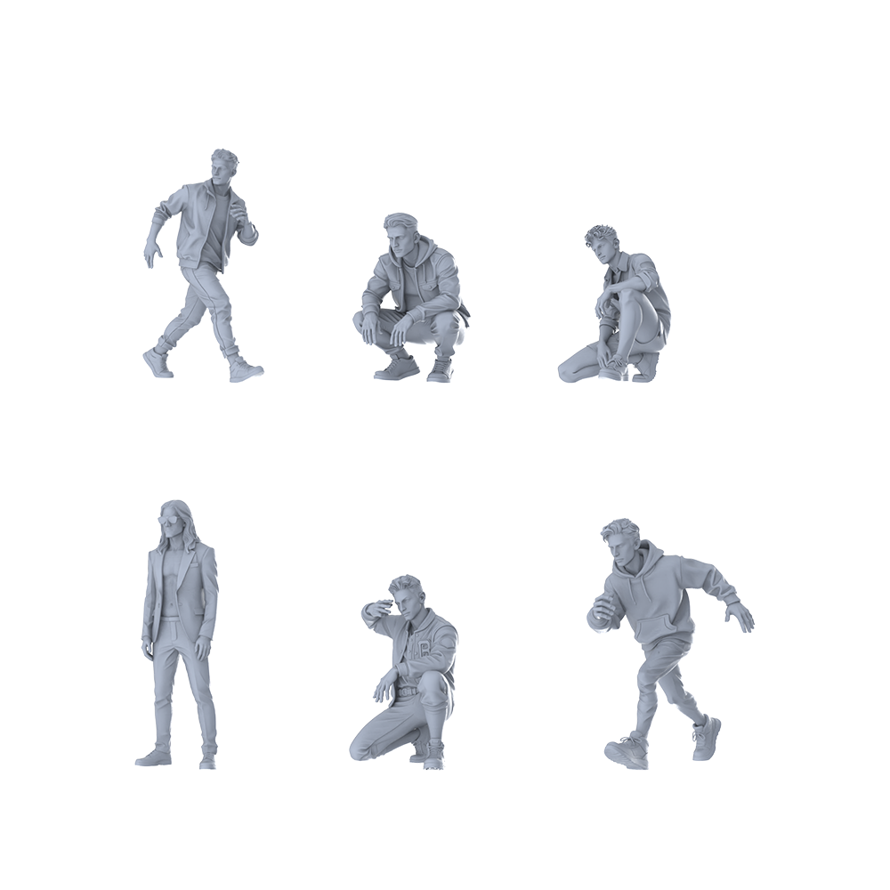 MRY-SFW LYTR615 Modern Urban Casual Style Youth Male Multi-Pose Six-Person Set Miniature Car Diorama Figures Scene Props Accessories Resin 3D Printed Resin Model Kit by SSMODEL