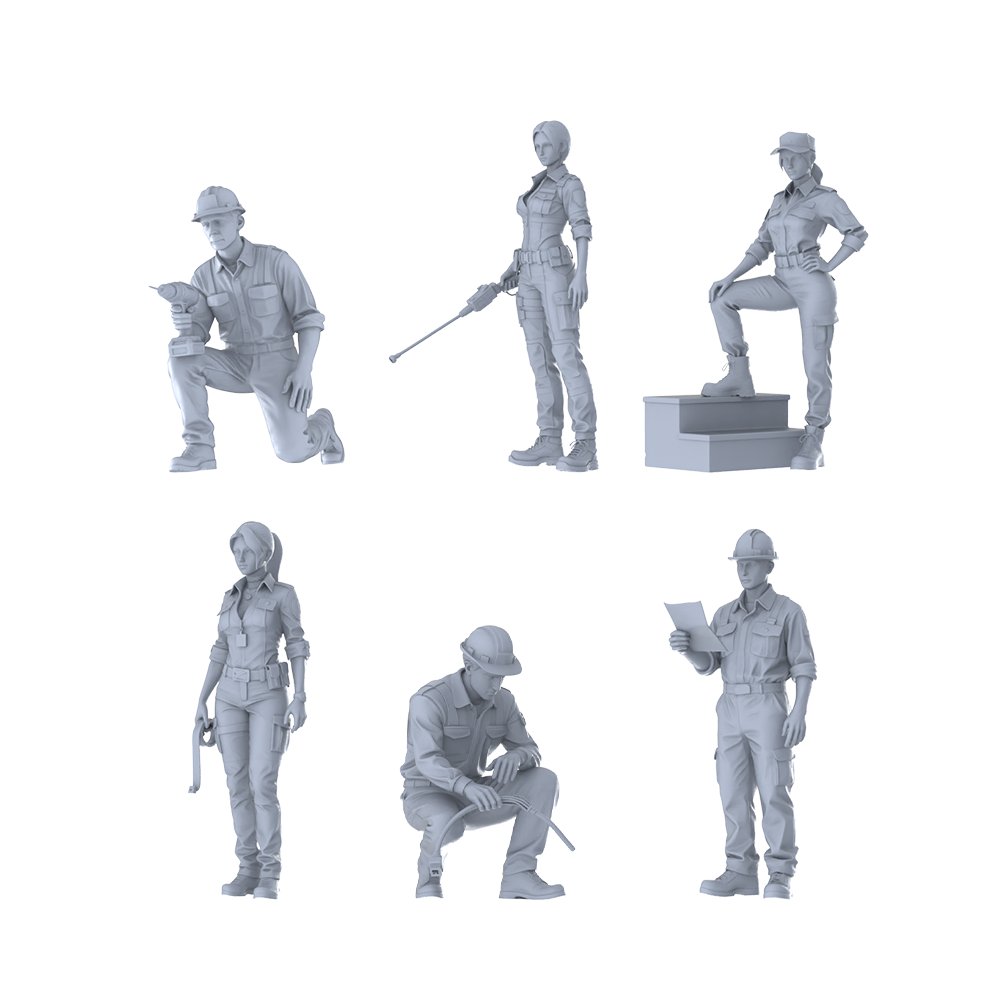 MRY-SFW LYTR585 Modern Engineering Technicians Pose Group of 6 Miniature Car Diorama Figures Scene Props Accessories Resin 3D Printed Resin Model Kit by SSMODEL