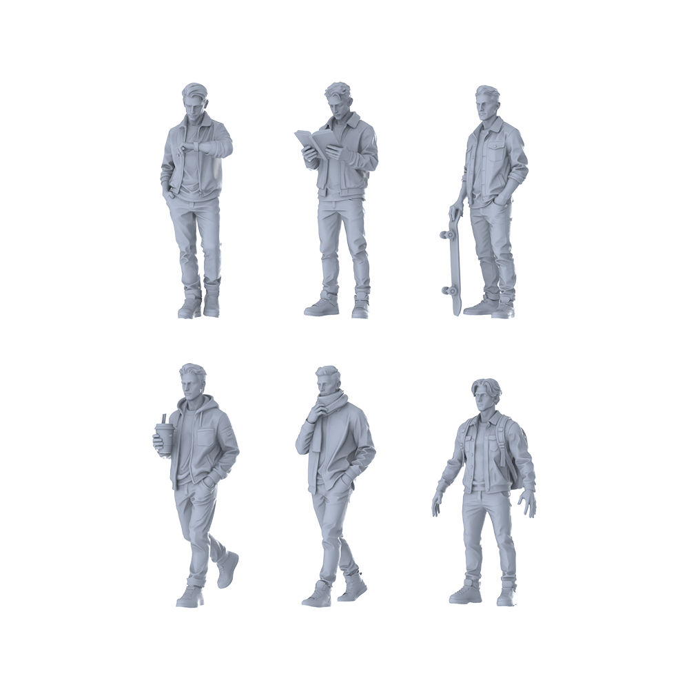 MRY-SFW LYTR622 Modern Urban Lifestyle Style Youth Male Multi-Pose Six-Person Set Miniature Car Diorama Figures Scene Props Accessories Resin 3D Printed Resin Model Kit by SSMODEL