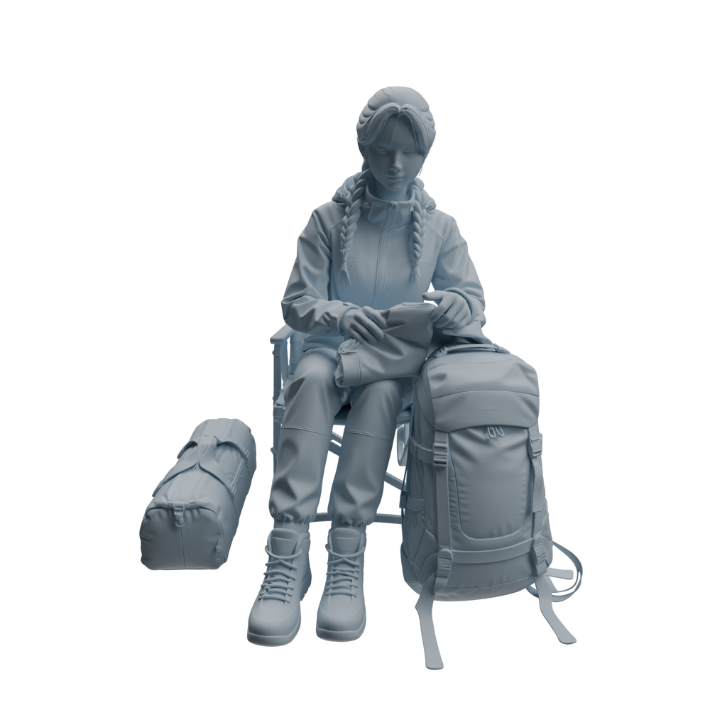 Detail view of MRY-SFW LYTR1017 Female Camping Character with Tent Modern Model 4 pcs Model