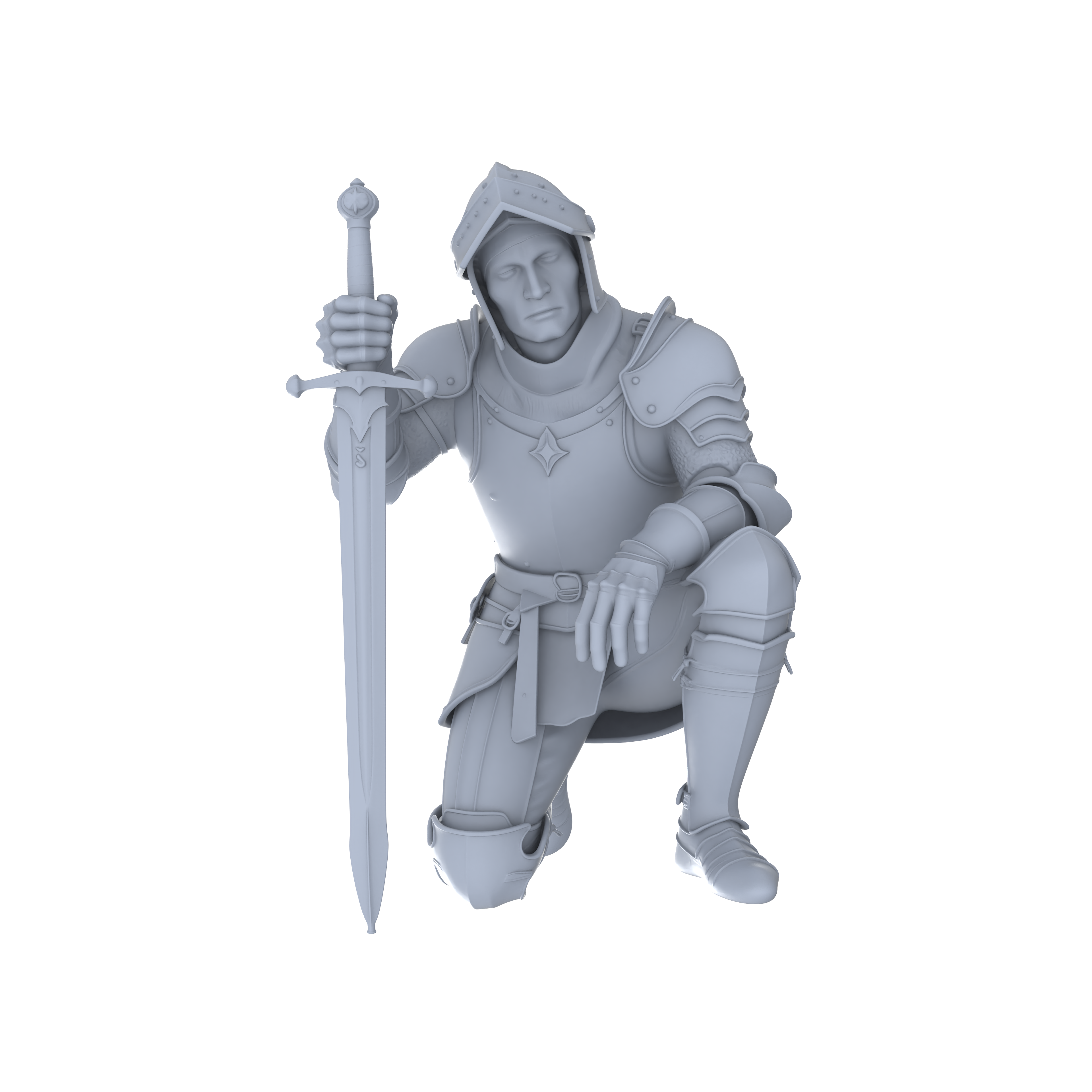 Detail view of MRY-SFW LYGR046 Medieval knight, kneeling pose, historical theme, magic theme, wargame, resin white model, fantasy theme, wargaming miniature, scene character, figure, hand-painted S Scale Model