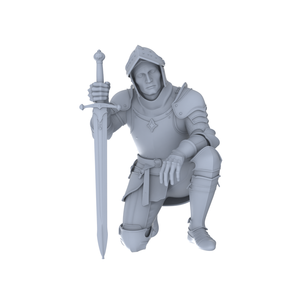 Detail view of MRY-SFW LYGR046 Medieval knight, kneeling pose, historical theme, magic theme, wargame, resin white model, fantasy theme, wargaming miniature, scene character, figure, hand-painted S Scale Model