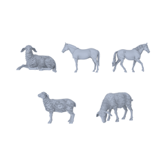Yao's Studio LYTR052  Rural Ranch Livestock Scene Resin Miniature Model 5-Piece Set - Sheep & Horse Figures Unpainted DIY Model Painting Ranch Scene Decor 1set 3D Printed Resin Model Kit by SSMODEL