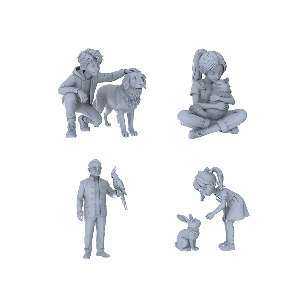Yao's Studio LYTR092  Human-Pet Interaction Scene Resin Miniature Model 4-Set Set - Pet Companionship Figures Unpainted DIY Model Painting Pet Scene Decor 1set 3D Printed Resin Model Kit by SSMODEL