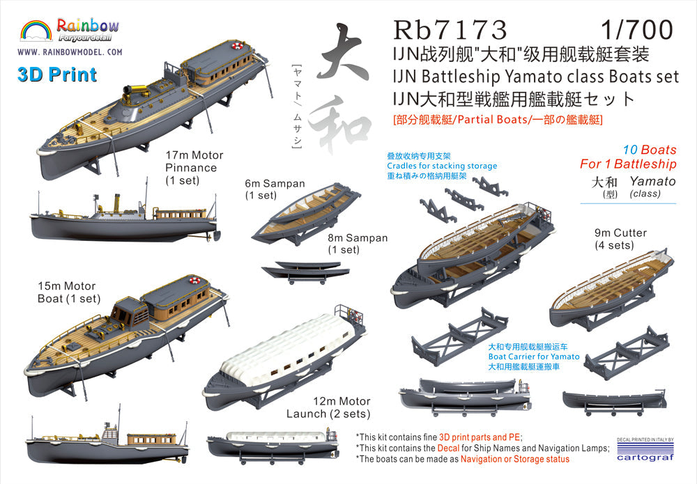 Rainbow RB7173 1/700Detail Up IJN Battleship Yamato class Boats set [3DP+PE+Decal]