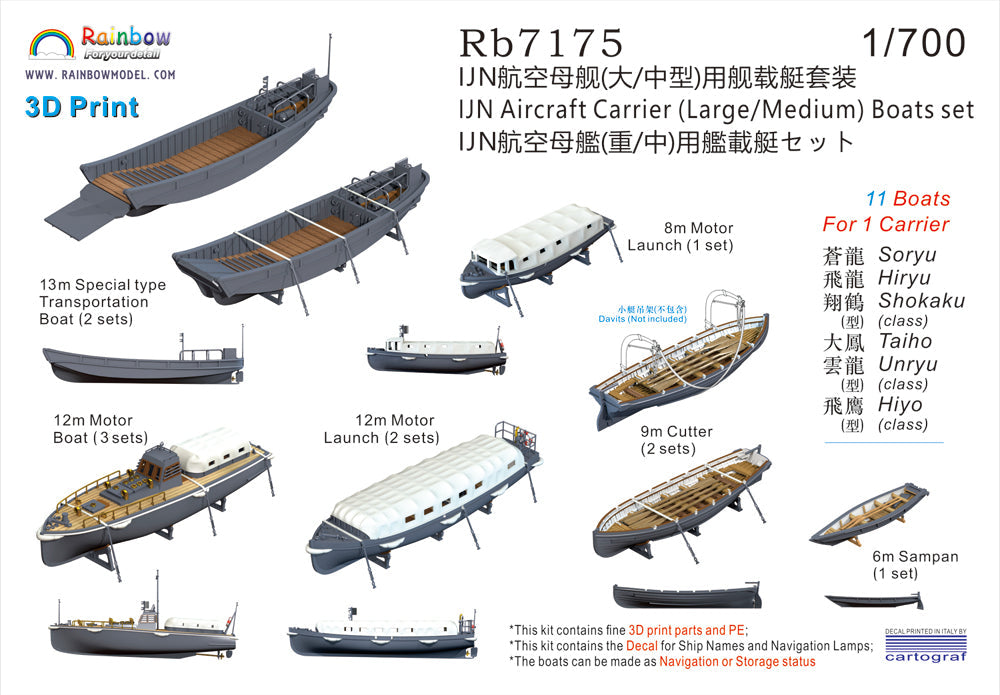 Rainbow RB7175 1/700Detail Up IJN Aircraft Carrier (Large/Medium) Boats set [3DP+PE+Decal]