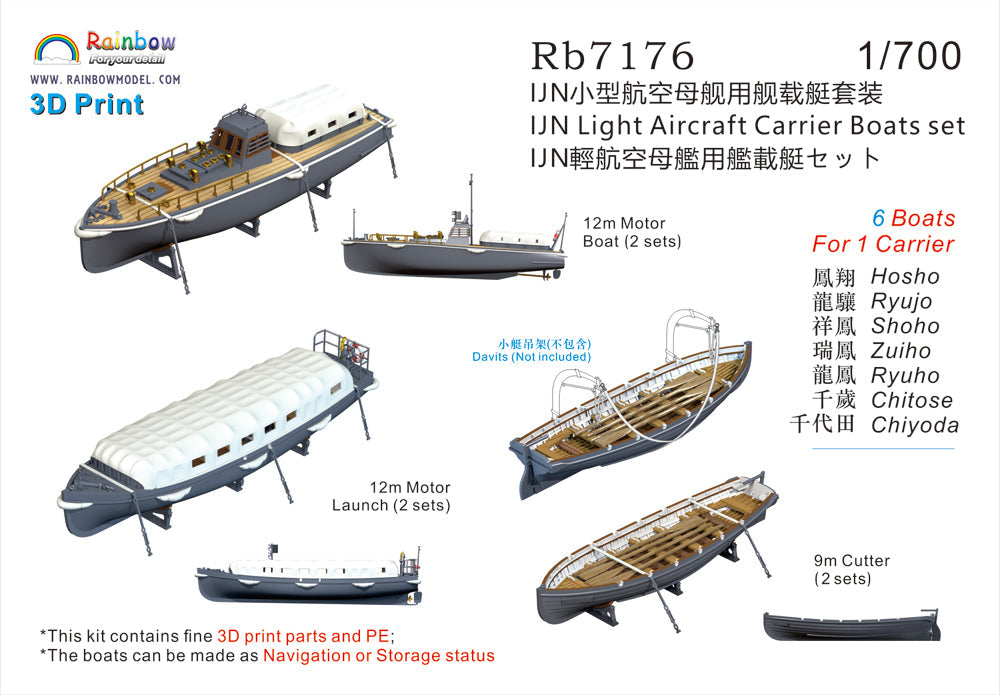 Rainbow RB7176 1/700Detail Up IJN Light Aircraft Carrier Boats set [3DP+PE]