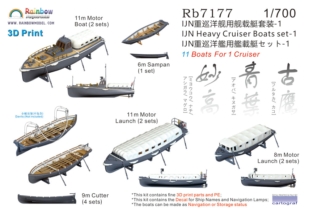 Rainbow RB7177 1/700Detail Up IJN Heavy Cruiser Boats set-1 [3DP+PE+Decal]