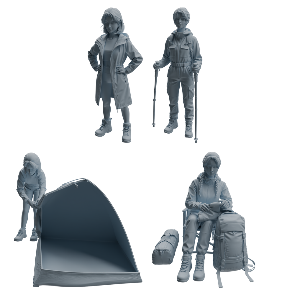 MRY-SFW LYTR1017 Female Camping Character with Tent Modern Model 4 pcs 3D Printed Resin Model Kit by SSMODEL
