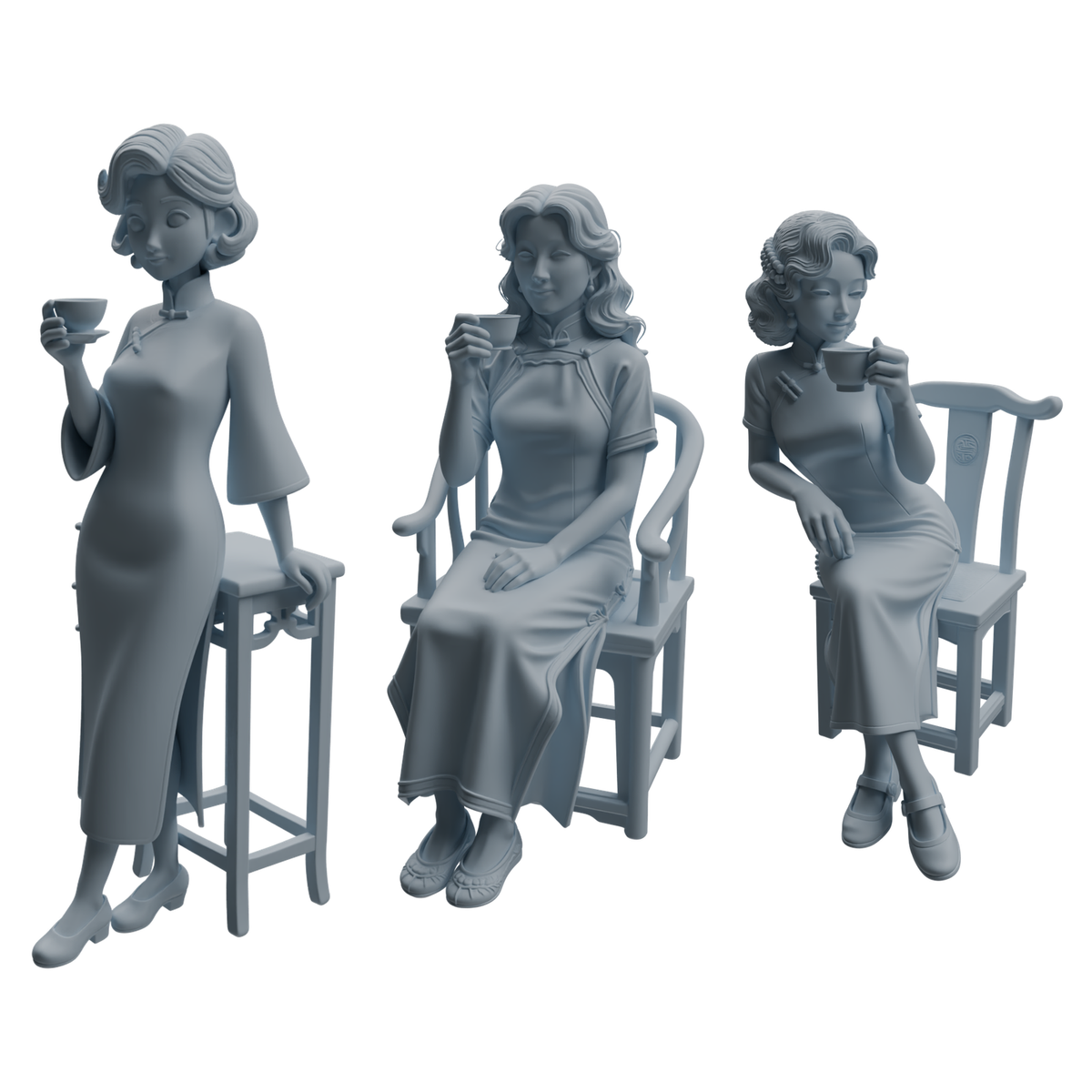 MRY-SFW LYTR984 Republic of China Qipao Lady Tea Character Modern Model 3 pcs 3D Printed Resin Model Kit by SSMODEL