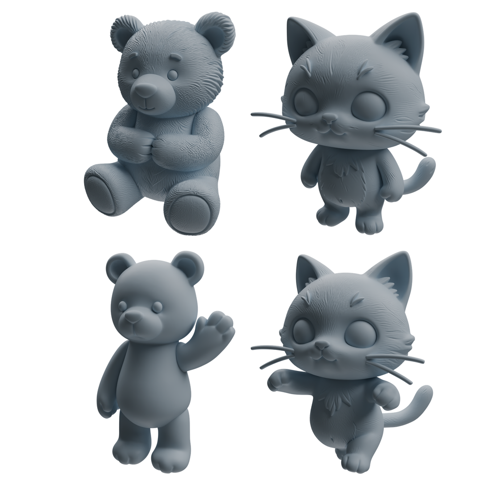 MRY-SFW LYTR1048 Cartoon Bear & Cat Animal Modern Model 4 pcs 3D Printed Resin Model Kit by SSMODEL