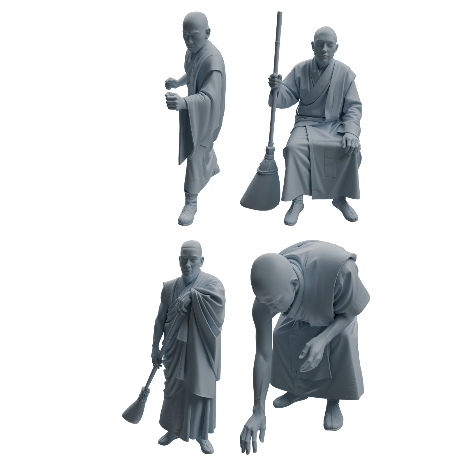 MRY-SFW LYTR1084 Multi-pose Sweeping Monk Character Modern Model 4 pcs 3D Printed Resin Model Kit by SSMODEL