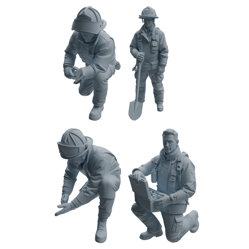 MRY-SFW LYTR1064 Firefighter with Equipment Character Modern Model 4 pcs 3D Printed Resin Model Kit by SSMODEL