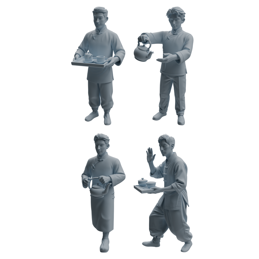 MRY-SFW LYTR985 Republic of China Teahouse Waiter Character Modern Model 4 pcs 3D Printed Resin Model Kit by SSMODEL