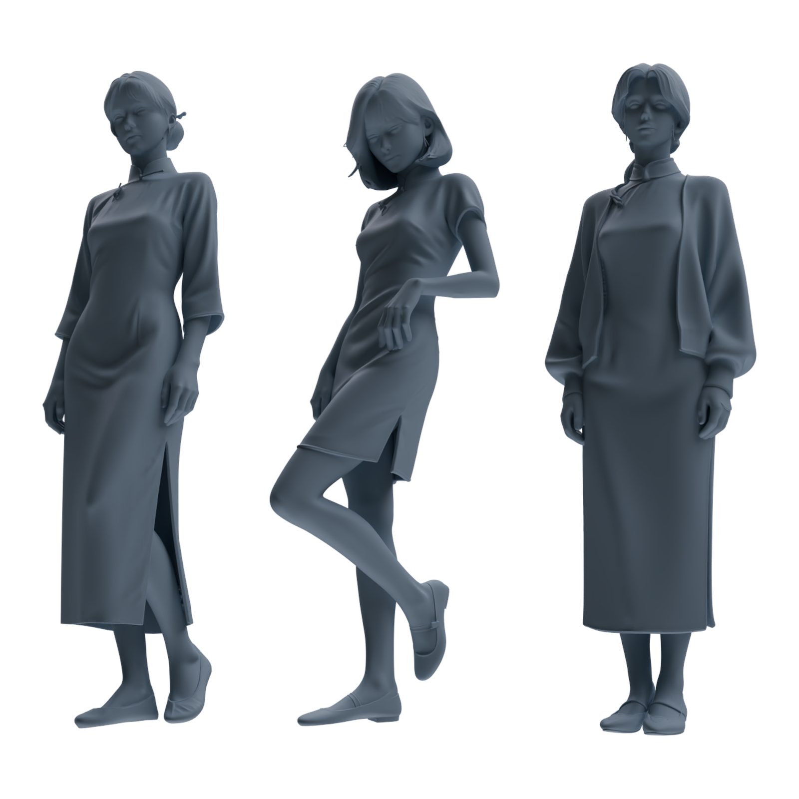 MRY-SFW LYTR894 Republic of China Style Qipao Woman Figure Modern Model 3 pcs 3D Printed Resin Model Kit by SSMODEL