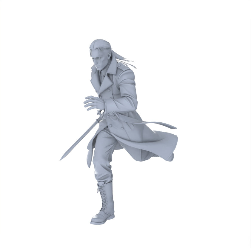 Detail view of MRY-SFW LYGR095 Medieval magic character running pose war flag resin white model miniature soldier scene character figure hand painted Model
