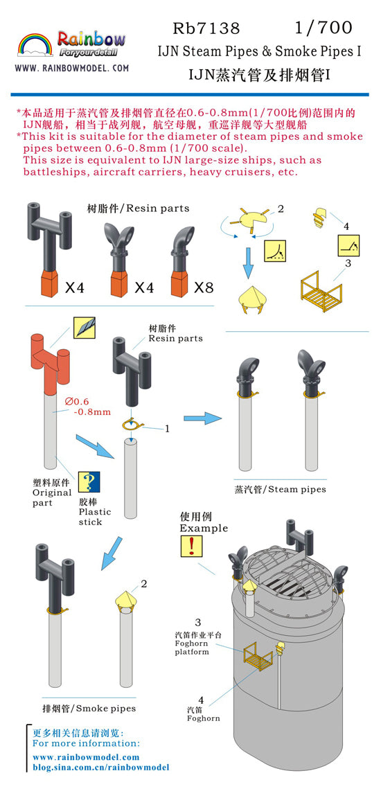 Rainbow RB7138 1/700Detail Up IJN Steam Pipes & Smoke Pipes I (Large size|4types,3DP+PE)