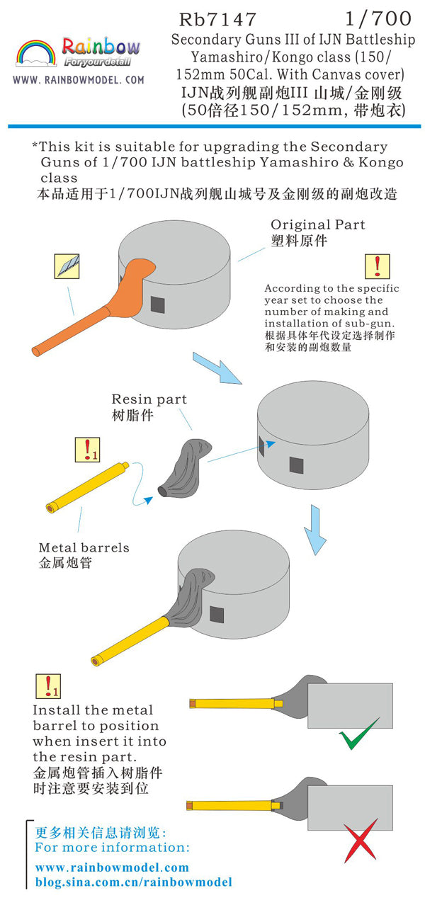 Rainbow RB7147 1/700Detail Up Secondary Guns III of IJN Battleship Yamashiro/Kongo class (150/152mm 50Cal. With Canvas cover)