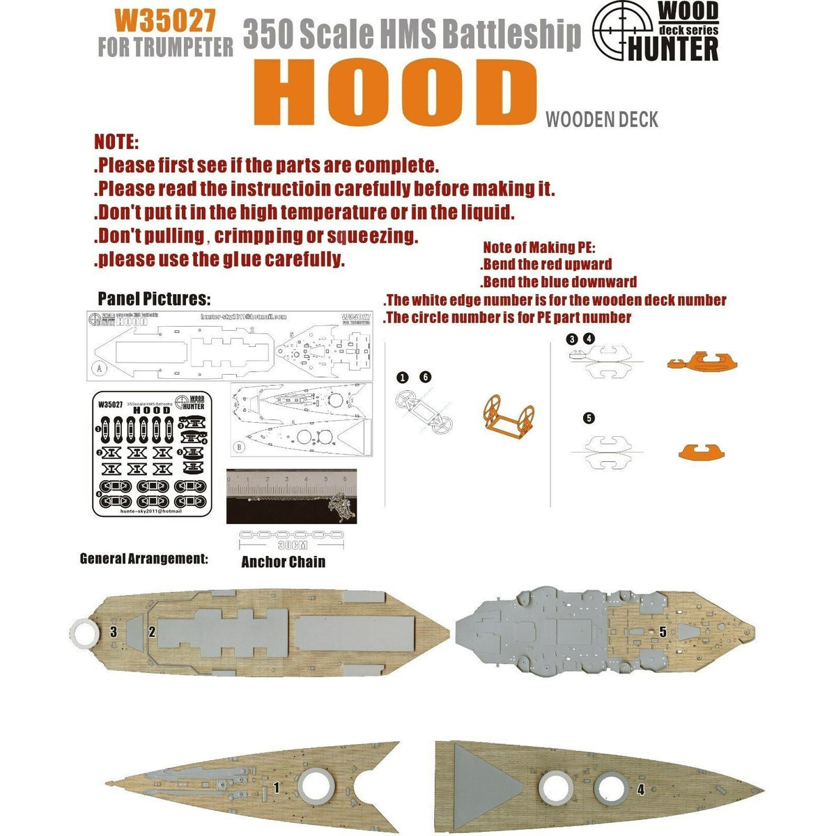 Hunter W35027 1/350 Wood Deck HMS BATTLESHIP HOOD FOR TRUMPETER 05302 — scale model kit