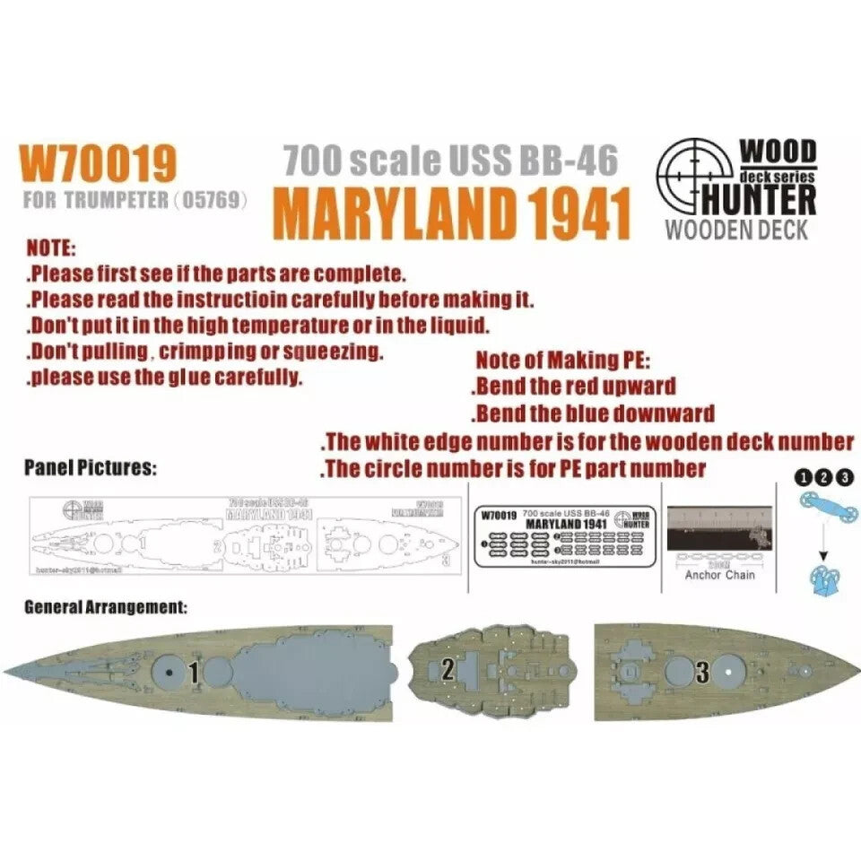 Hunter W70019 1/700 Wood Deck USS BB-46 MARYLAND 1941 FOR TRUMPETER 05769 — scale model kit