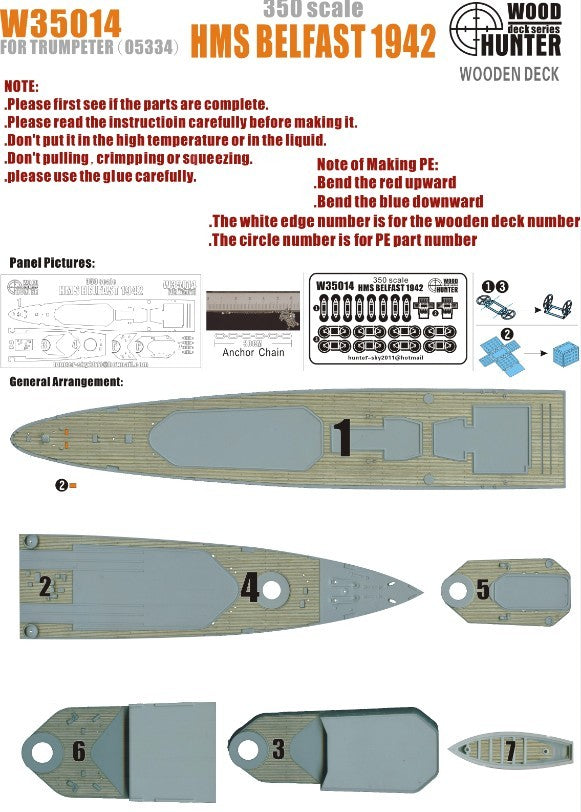 2018 Hunter W35014 1/350 Wood deck HMS Belfast 1942 for Trumpeter Top quality — scale model kit