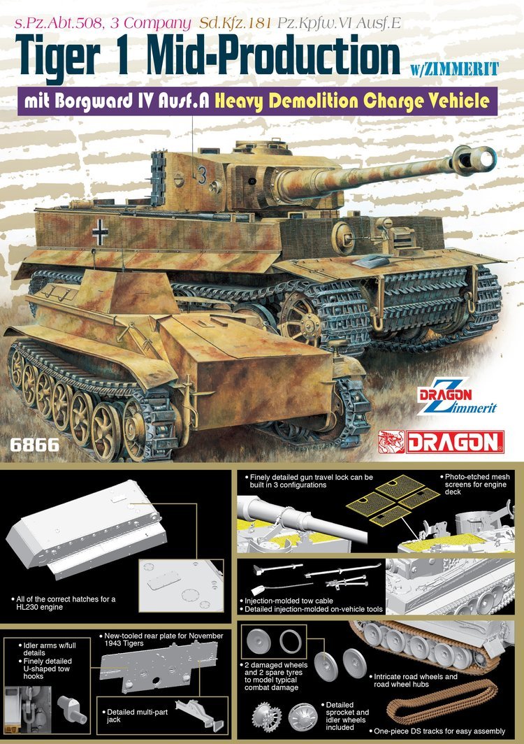 DRAGON 6866 1/35 Tiger I Mid-Production & Borgward IV Ausf.A Plastic model kit