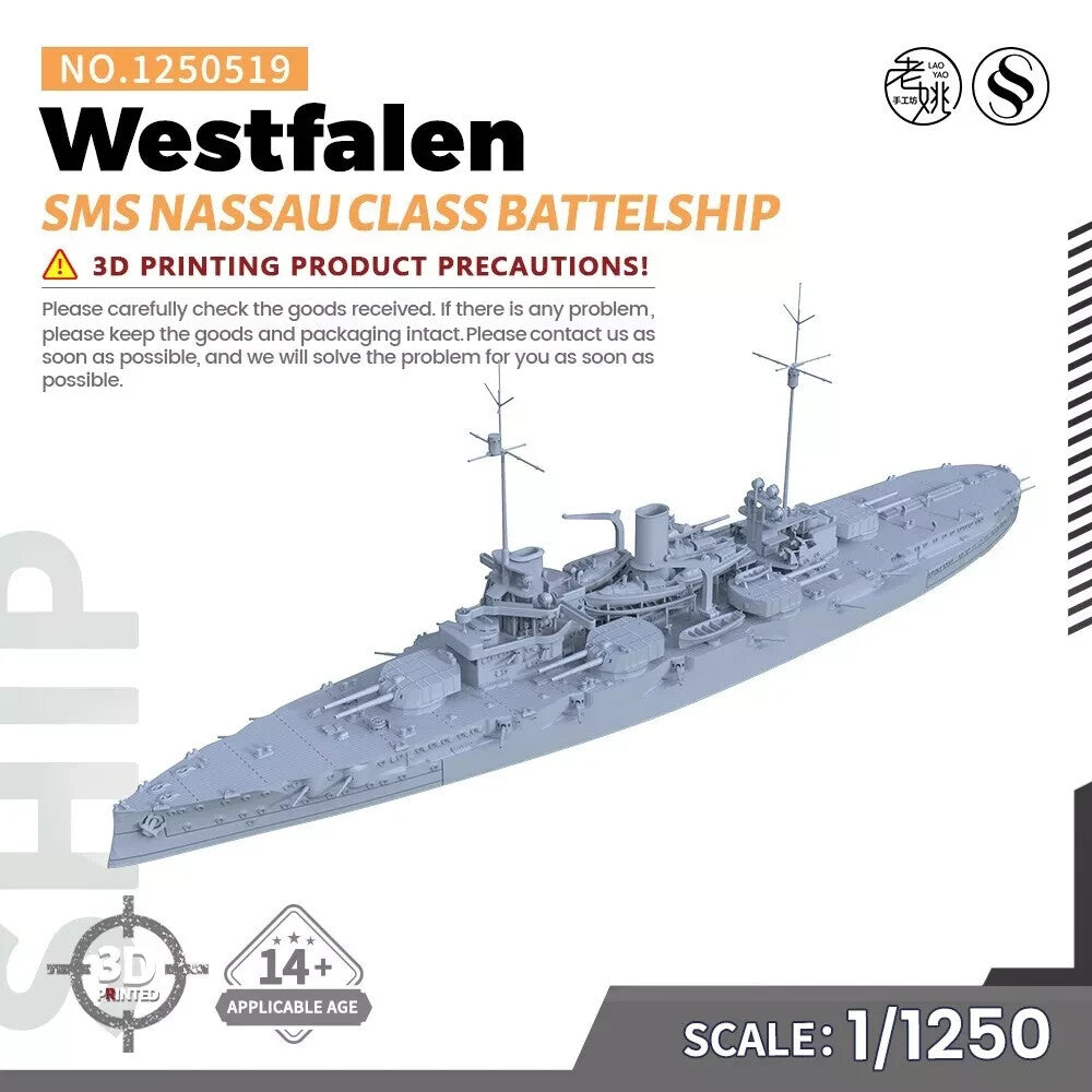 SSMODEL SSC1250519 1/1250 Military Model SMS Nassau Class Westfalen BattelshIP