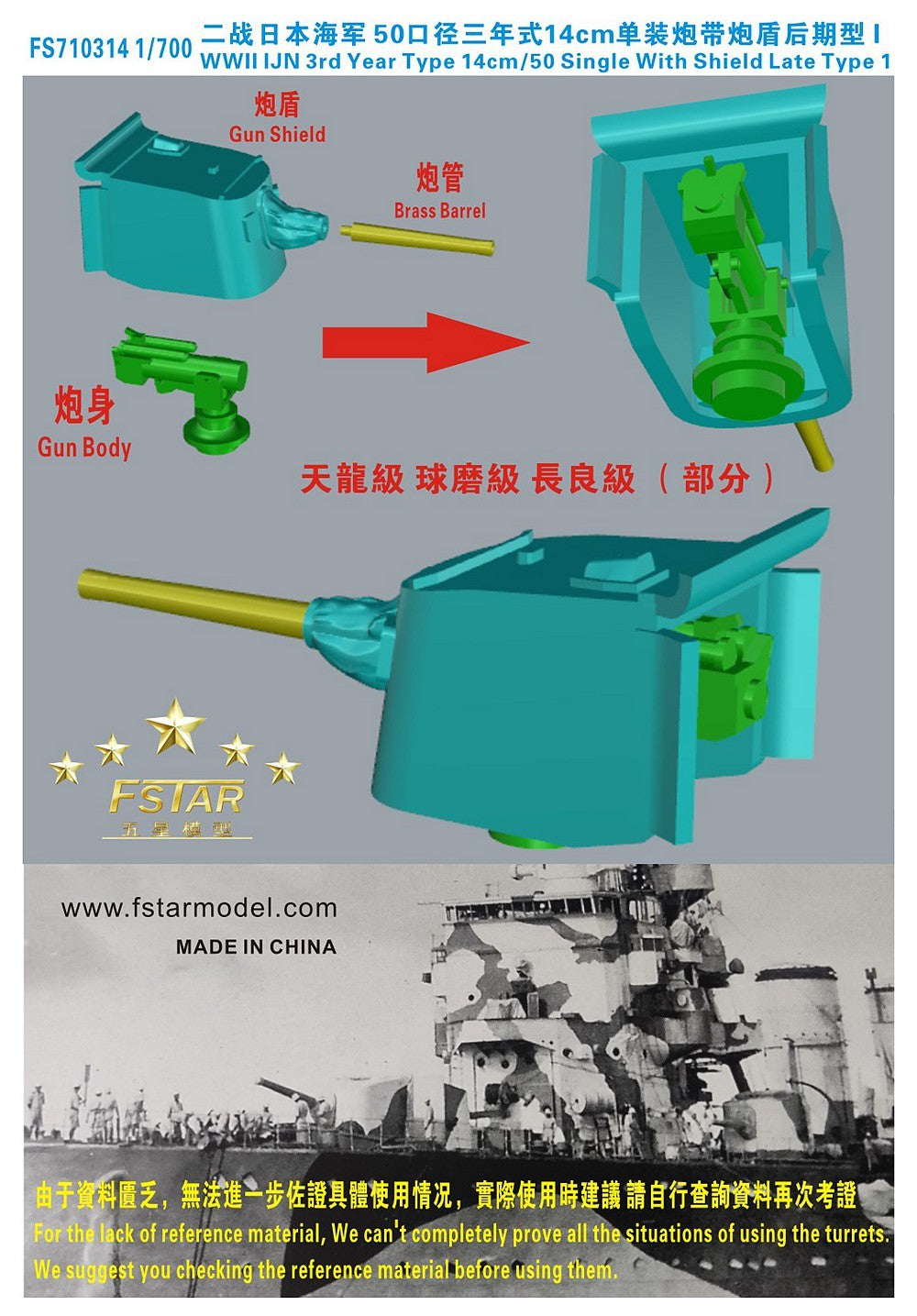 Five star FS710314 WWII IJN 3rd Year Type 14cm/50 Single with shield Late Type 1 1/700