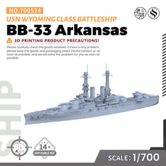 SSMODEL 700524 1/700 3D Printed Resin USN Wyoming class Arkansas Battleship BB33