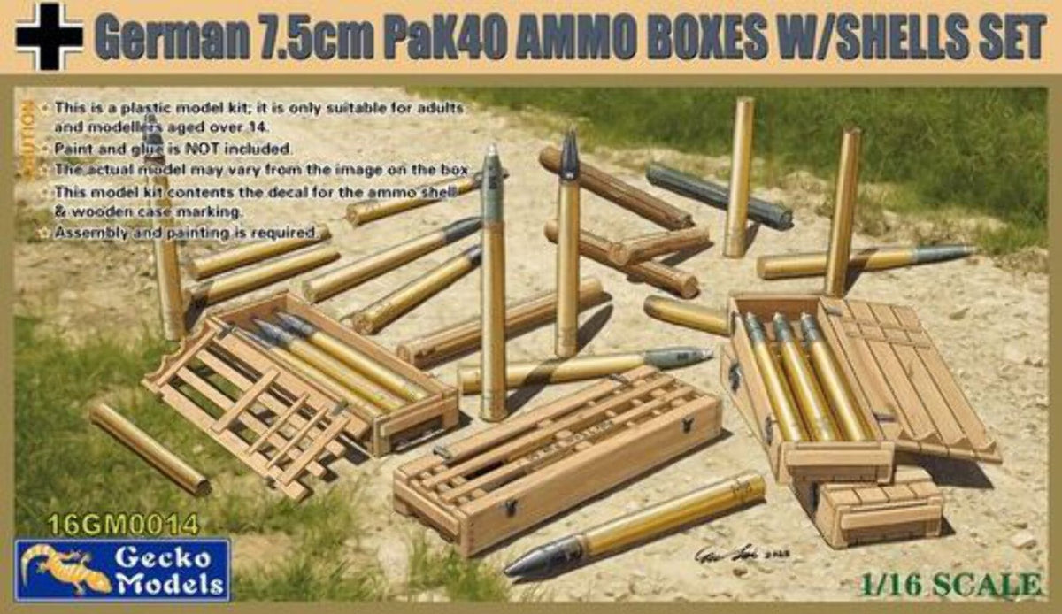 Gecko Models 16GM0014 1/16 German 7.5 cm Pak 40 AMMO Boxes with shells set — scale model kit