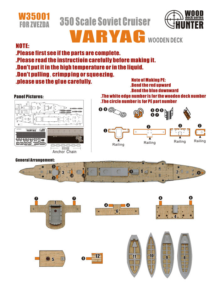 Hunter 1/350 RUSSIAN VARYAG wooden deck for Zvezda 9014 (W35001) — detail view 2