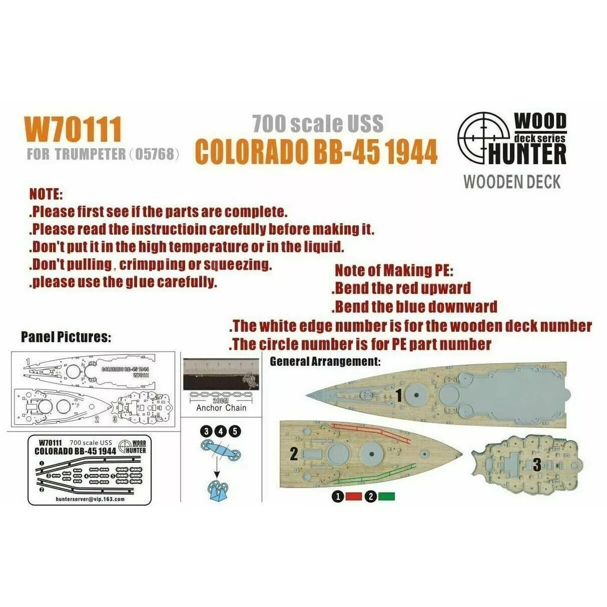 Hunter W70111 1/700 Wood Deck COLORADO BB-45 1944 FOR TRUMPETER 05768 — scale model kit