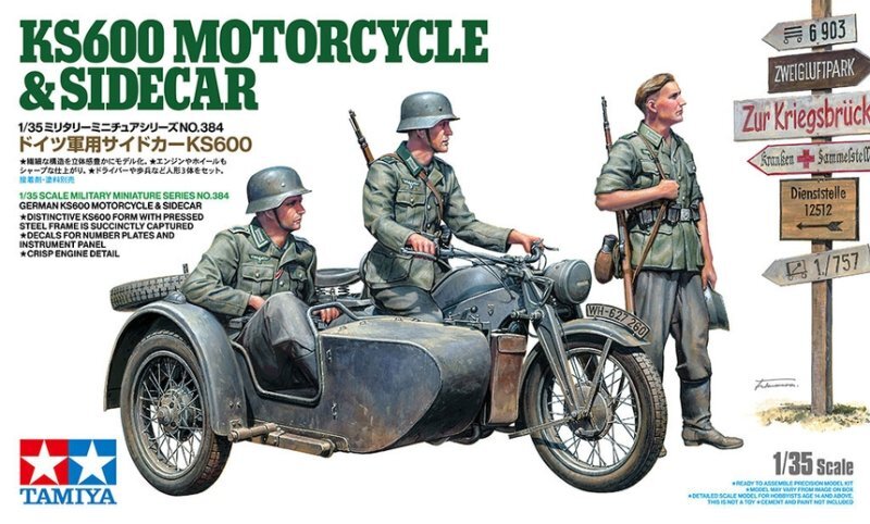 Tamiya 35384 1/35 Scale Military Model Kit WWII German KS600 Motorcycle &Sidecar