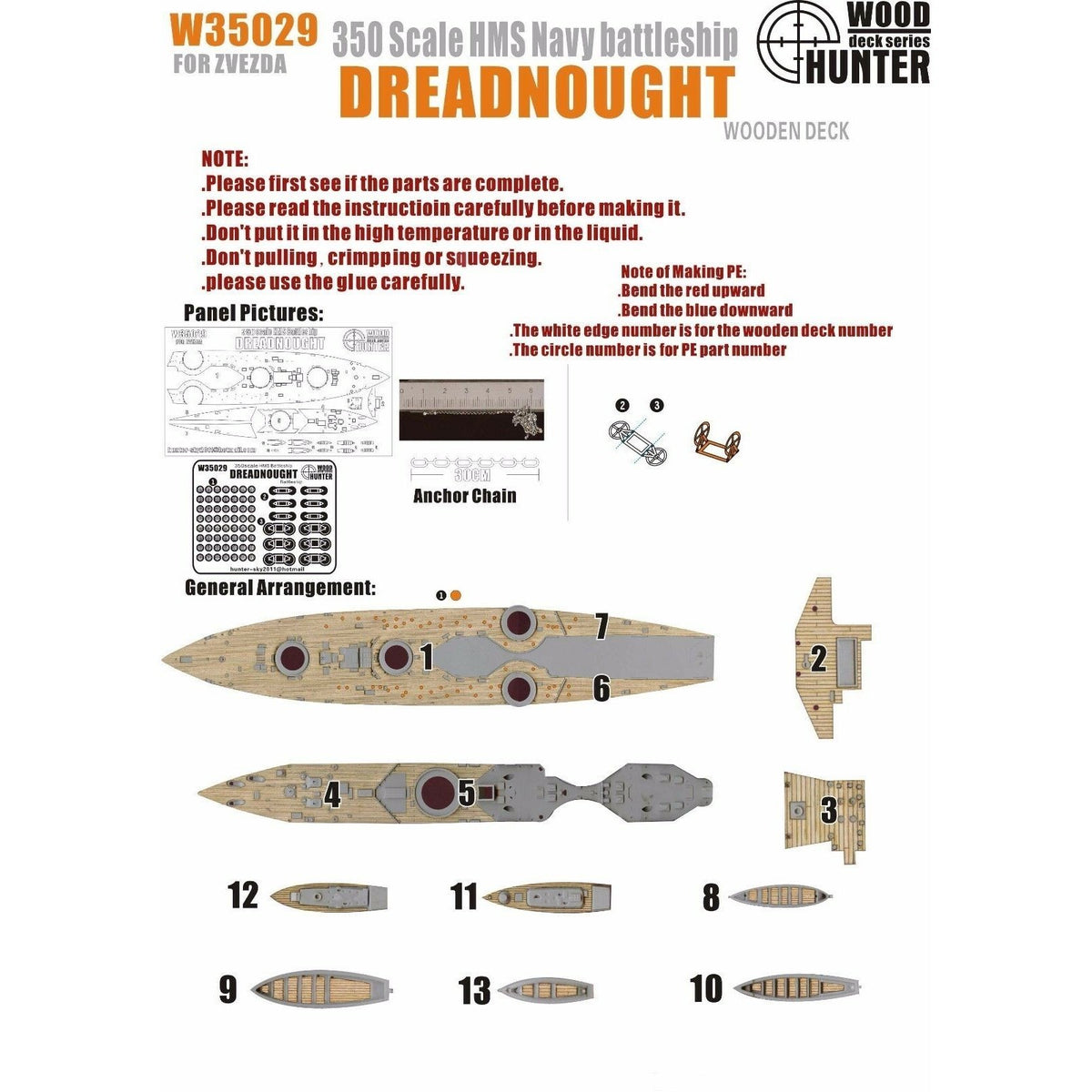Hunter W35029 1/350 Wood Deck HMS BATTLESHIP DREADNOUGHT FOR ZVEZDA 9039 — scale model kit