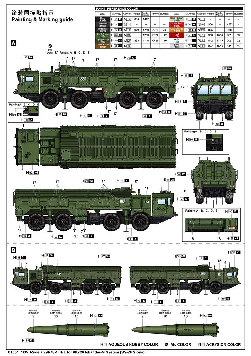 Trumpeter 1/35 01051 Russian 9P78-1 TEL for 9K720 Iskander-M System SS-26 Stone