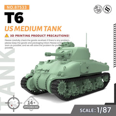 SSMODEL SS87533 1/87 HO Scale Railway Military Model Kit US T6 Medium Tank