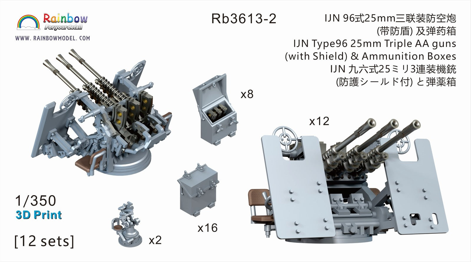 Rainbow 1/350 IJN Type96 25mm Triple AA Guns & w/Side Armor Shield 3D Print Set