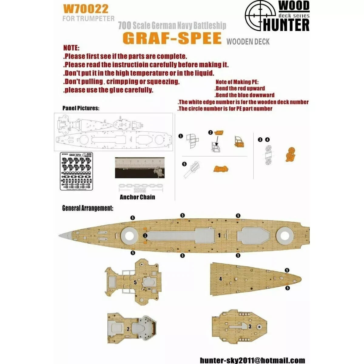 Hunter W70022 1/700 Wood Deck gmn battleship GRAF-SPEE FOR TRUMPETER 05774 — scale model kit