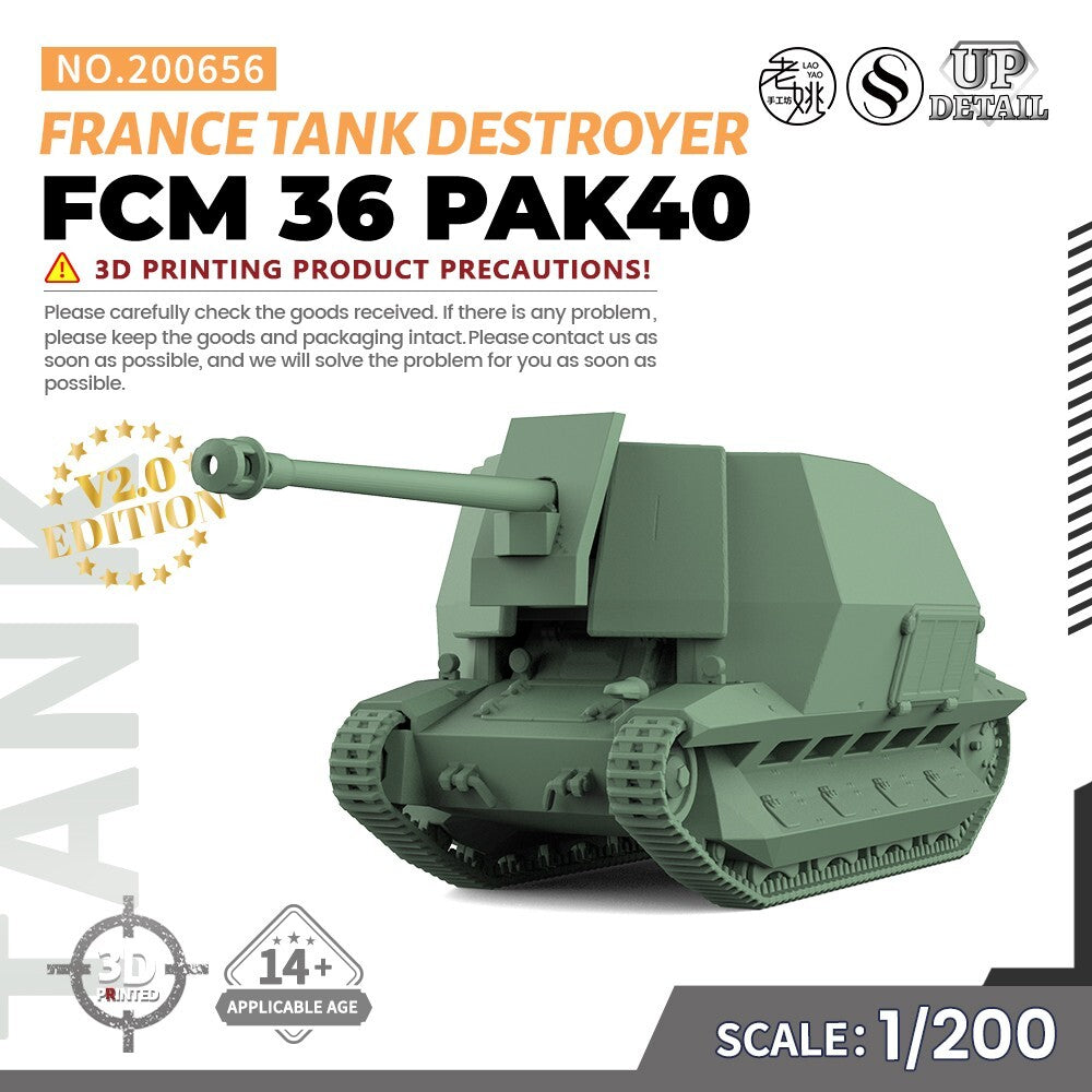 SSMODEL SS200656 1/200 Military Model Kit France FCM 36 PAK40 Tank Destroyer — scale model kit