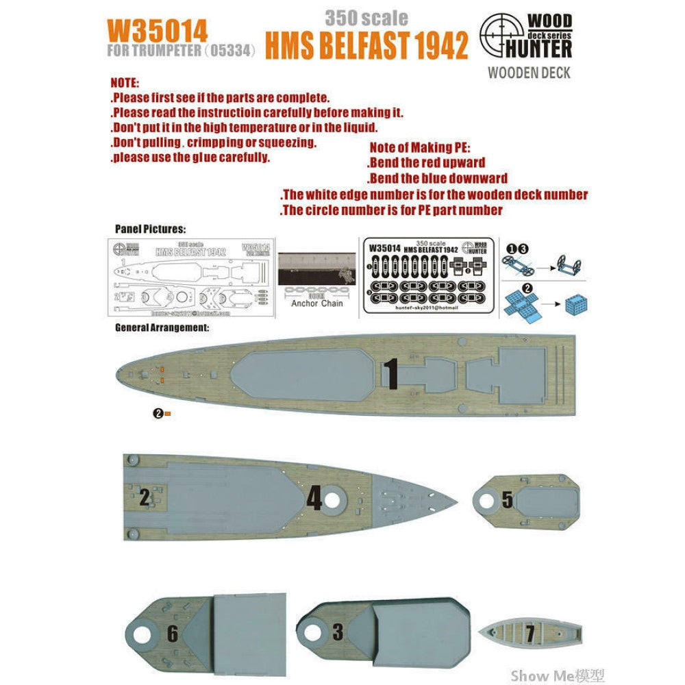 Hunter W35014 1/350 Wood Deck HMS BELFAST 1942 FOR TRUMPETER 05334 Main image